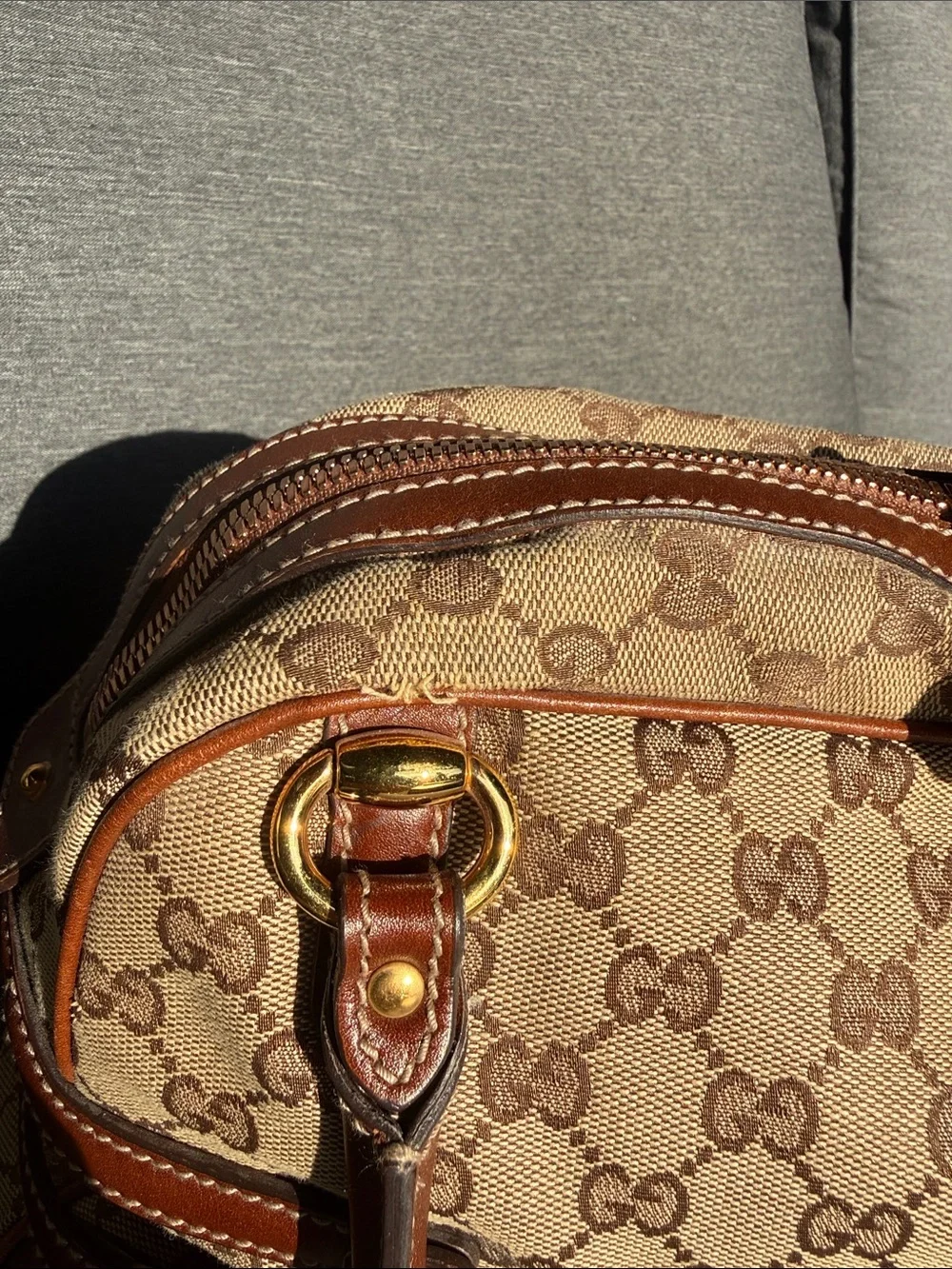 Gucci Brown GG Canvas Satchel with Leather Trim and Gold Hardware